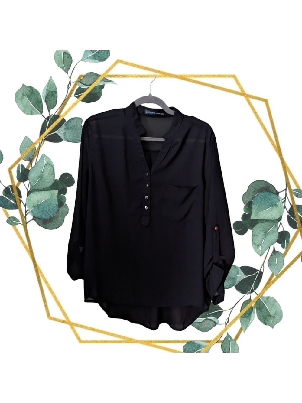 "xxxl" PTP 22.5 - Zanzea | Semi-sheer Black V-neck Henley 3/4 Sleeve Blouse